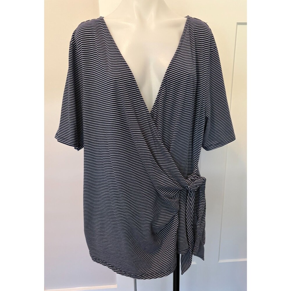 LANDS END Womens Knit TOP Short Sleeve BLUE White STRIPE Faux Wrap Sz 2X 20W-22W
